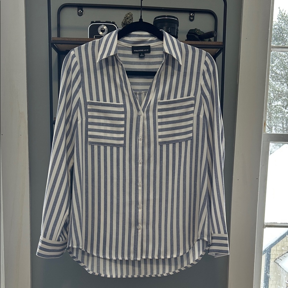 Fortune & Ivy Women's Blue Striped Button Down Shirt